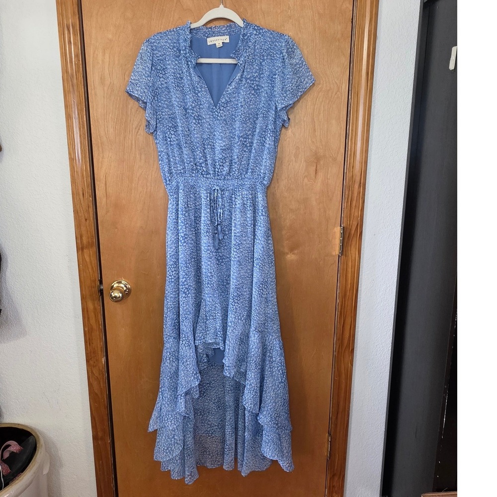 Lovestitch Blue Disty Floral Print High Low Maxi Dress V-Neck Tassel M Boho